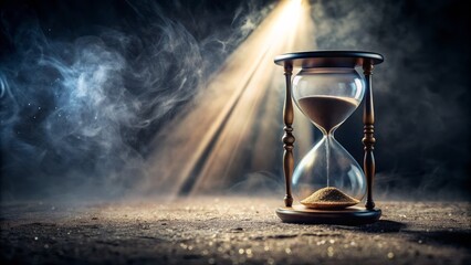 Hourglass on dark floor with sand flowing, measuring time, countdown begins, urgency builds, deadline looms, empty copy space surrounds, ominous atmosphere prevails.