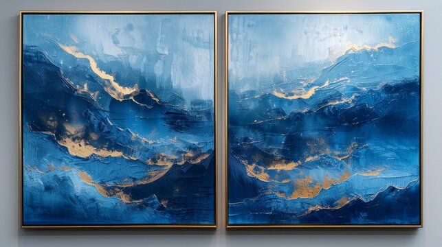 The painting is of two panels, each with a blue background and gold leaf accents. The panels are framed in gold and placed side by side.