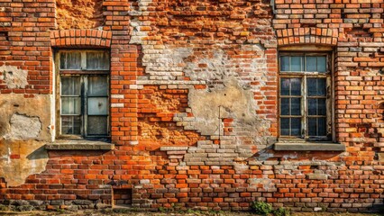 Rustic, weathered, red brick masonry building facade with chipped mortar, worn walls, and aged patina, providing a distressed texture background for design and copy space.