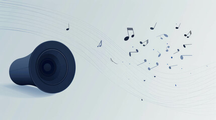 Flat minimalist speaker with 2D musicnotes on widescreen canvas, forming dynamic melody flow. Abstract vector illustration emphasizes modern design and creativity, crafted using AI generative.