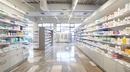 A modern pharmacy with organized shelves offers a wide range of medications, ensuring a pleasant experience. © klss777