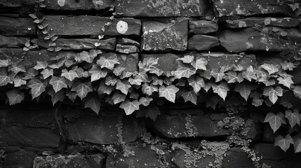 Black and white photo of a stone wall with ivy growing on it.
