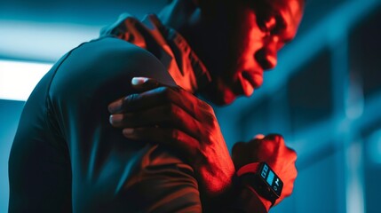 A man wearing a smartwatch is shown holding his shoulder, potentially experiencing pain from a workout.