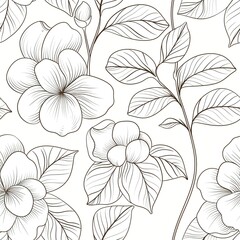 Fototapeta premium A line art illustration of a camellia flower, with its perfectly symmetrical petals and glossy leaves, highlighting the flowerâ€™s refined beauty. Minimal pattern banner wallpaper, simple background,