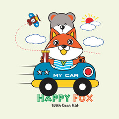 picture of a bear and fox playing together on a car,design cartoon vector illustration