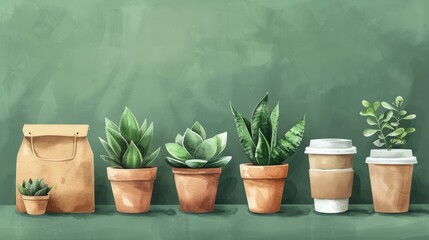 Fototapeta premium Watercolor illustration of various potted plants and coffee cups against a green background, perfect for nature and lifestyle themes.
