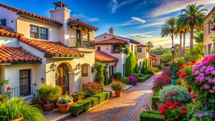Fototapeta premium Sun-kissed streets lined with stunning mediterranean-style homes featuring spanish tile roofs, lush greenery, and vibrant flowers in a tranquil upscale neighborhood setting.