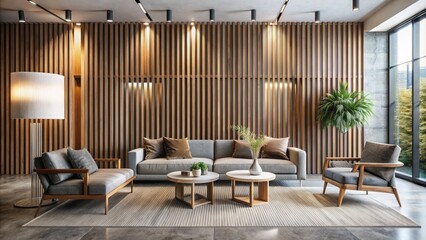Modern living room features accent wall with vertical wooden slats, sleek sofa, and armchairs surrounding a coffee table on polished concrete floor, exuding contemporary sophistication.