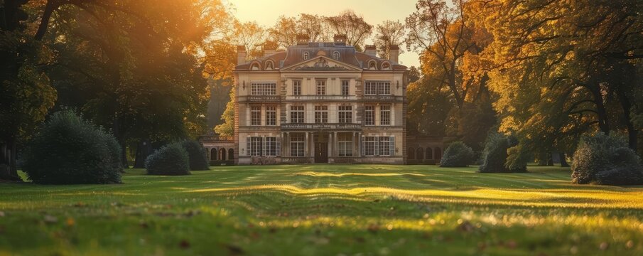Classic manor with formal garden, concept timeless elegance, copy space, classic theme, ethereal, Manipulation, formal garden backdrop