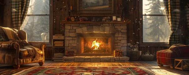 Cottage with cozy fireplace, concept warm retreat, selective focus, country theme, ethereal, Multilayer, cozy fireplace backdrop
