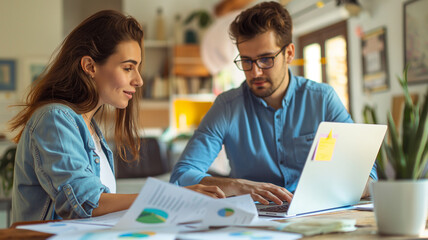 Obraz premium Synergistic Efforts: Colleagues, a Man, and a Woman, Collaboratively Reviewing and Analyzing Data Papers Amidst Office Environment 