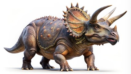 Fototapeta premium A prehistoric triceratops dinosaur with distinctive frill and three horns stands alone on a transparent background, showcasing its majestic, ancient presence.