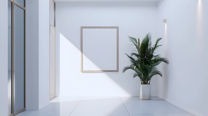 Minimalist Office Space with Potted Plant and Framed Wall Art