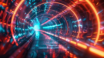 Fototapeta premium Futuristic neon-lit tunnel with vibrant blue and red lights creating a high-tech, sci-fi ambiance and dynamic perspective.