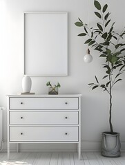 Minimalist Scandinavian-Style Bedroom with Wooden Dresser and Potted Plant