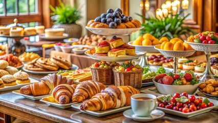 gourmet breakfast buffet in upscale hotel restaurant featuring succulent pastries, fresh fruits, artisanal cheeses, and golden-brown croissants on elegant fine china and linens.