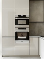 Fototapeta premium Modern Sleek Kitchen Interior with Stainless Steel Appliances and Minimalist Cabinetry