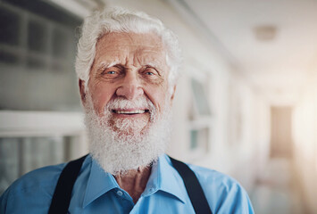 Nursing home, smile and portrait of elderly man with pension, satisfaction and peace in retirement....