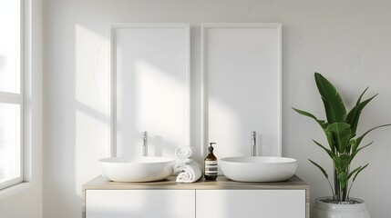 Fototapeta premium Serene and Minimalist Bathroom Interior with Vessel Sinks and Greenery
