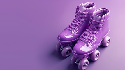 A pair of purple roller skates with purple wheels. The skates are sitting on a purple background.