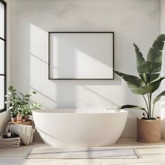 Fototapeta premium Serene Minimalist Bathroom with Bathtub,Plants,and Natural Light