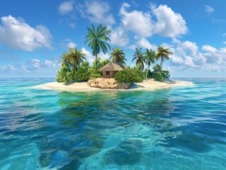 The image shows a beautiful tropical island with white sand beaches, crystal clear waters, and lush green palm trees