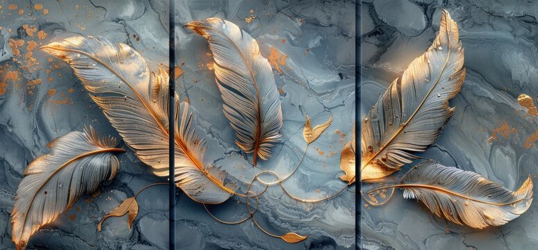 3D luxury marble background with golden butterfly, feathers and pearls blue colors for wall decoration
