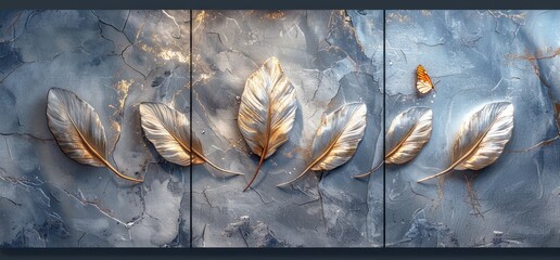 3D luxury marble background with golden feathers blue colors for wall decoration