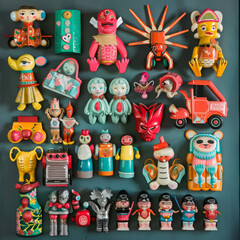 An assortment of colorful children's toys, including dolls, cars, blocks, and animals. Perfect for fostering imaginative play and development. AI generative technology enhances the visual appeal.