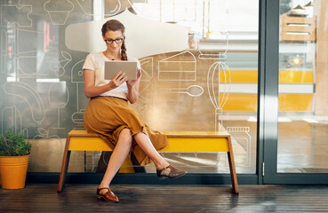 Cafe, tablet and business woman at store front for web menu scroll, choice or brunch break food...