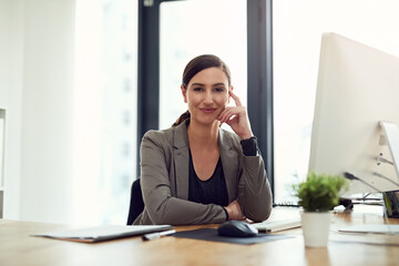 Computer, thinking and portrait of business woman with idea, planning or inspiration in office. Face, financial consultant and professional entrepreneur, employee and worker in Germany for career