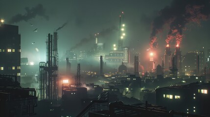 City at Night with Smoke Stacks