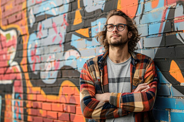 A city-dweller in casual attire against a vibrant graffiti wall