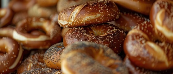 Obraz premium Pretzels stacked high in a tantalizing array make for a savory and visually appealing background