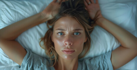 Fototapeta premium A woman with long brown hair is laying on a bed with her head in her hands
