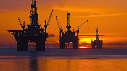 Obraz premium Offshore oil rig platform industry sunset waves view.