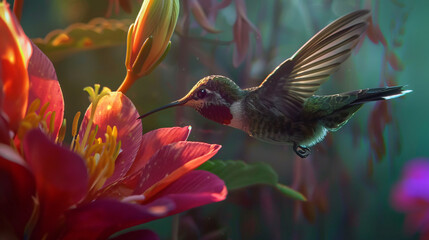 Fototapeta premium Nature's Dance: Live Stream of Hummingbird Feeding from Flower