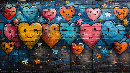 Colorful Heart Graffiti on Brick Wall in Urban Alleyway