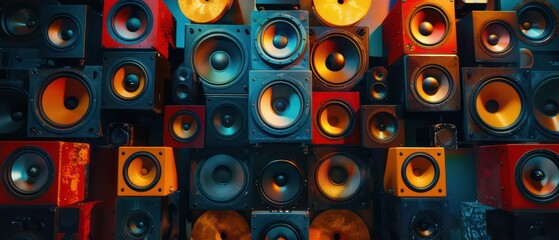 music speakers wall  in different sizes and colors