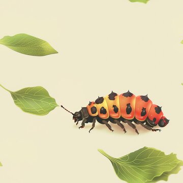 Lifelike portrayal of a ladybug larva, featuring its elongated body and voracious appetite for aphids. Minimal pattern banner wallpaper, simple background, Seamless,