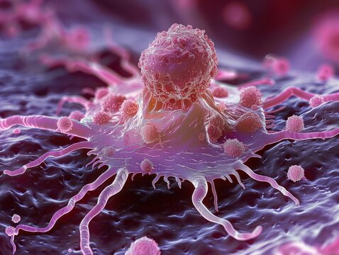 Microscopic view of a cancer cell spreading on tissue. Illustration of malignant growth in biomedical research.