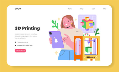 Maker Culture concept Woman with a tablet showcases the innovative process of 3D printing, highlighting the creative potential of modern technology Vector illustration