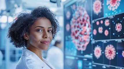 Female scientist in a laboratory, analyzing virus structures on digital screens, advancing medical research and innovation.