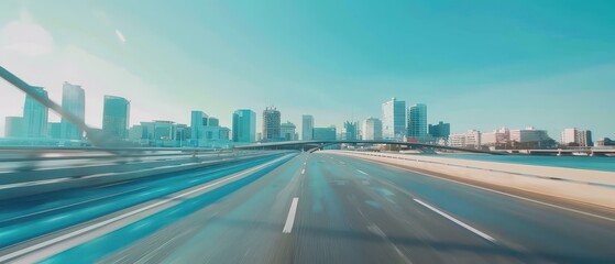 Fototapeta premium wide futuristic road going through a tunnel, futuristic city skyline