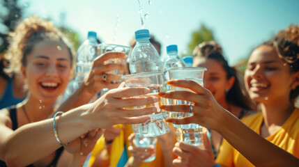 Group of joyful friends toasting with water bottles outdoors, celebrating health and friendship on a sunny day.