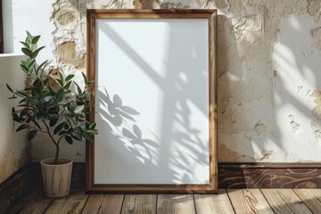 Fototapeta premium Poster frame mockup on wooden floor created with Generative AI