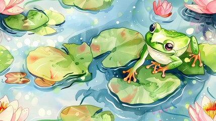 Charming watercolor cartoon of a frog on a lily pad
