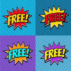 Free - vector comic style tag collection. Free label on bang comic balloon - Pop art style discount promotion banner. Vector illustration.