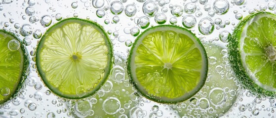 lime in soda bubbles on white background 