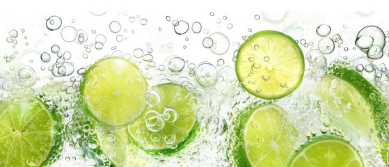 lime in soda bubbles on white background